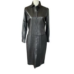 Faconnable women's size XS long black button down collared lambskin leather coat